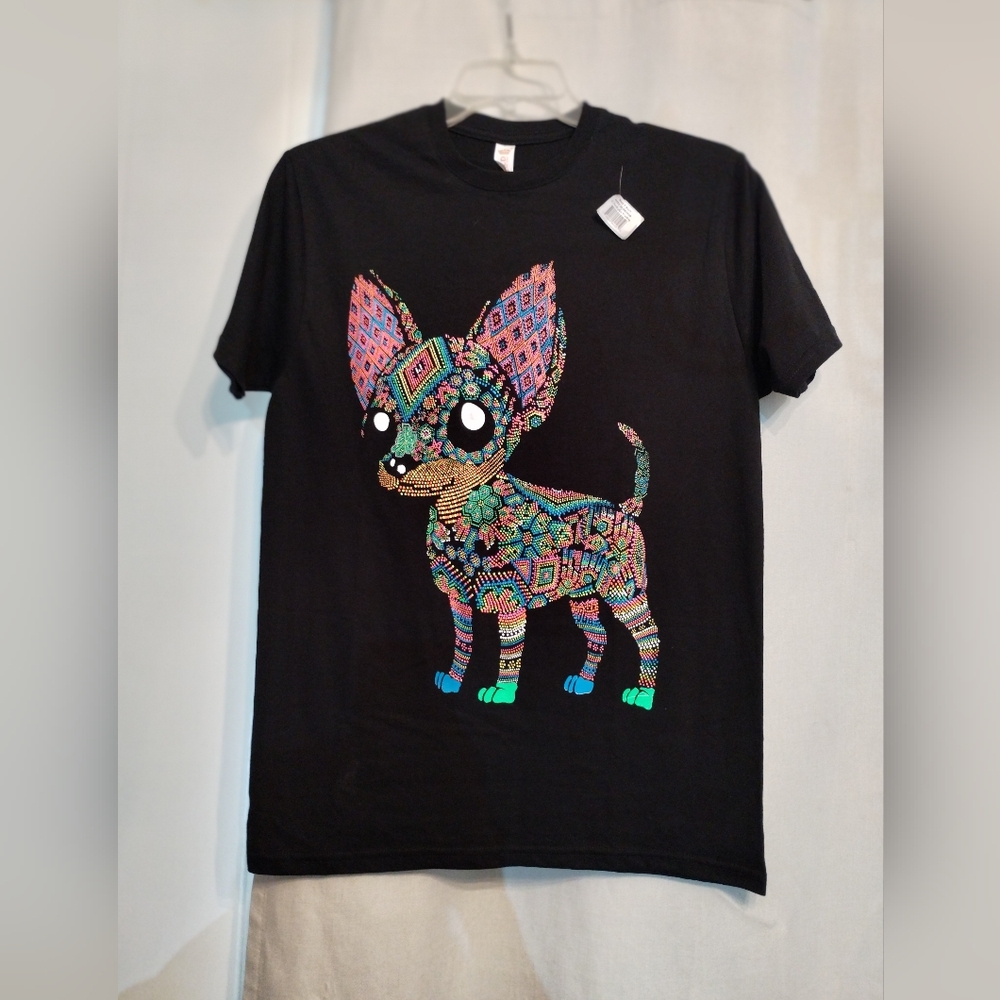 Black T-Shirt with Colorful Dog Design